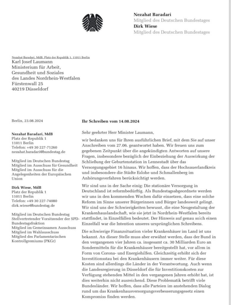 Briefaustausch zwischen Nezahat Baradari MdB, Dirk Wiese MdB und NRW-Gesundheitsminister Karl Laumann 1 img 1819