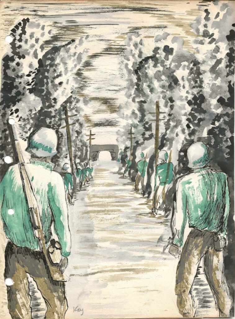 Ein wertvoller Besuch 2 b kay sketch troops moving along tree lined road 1